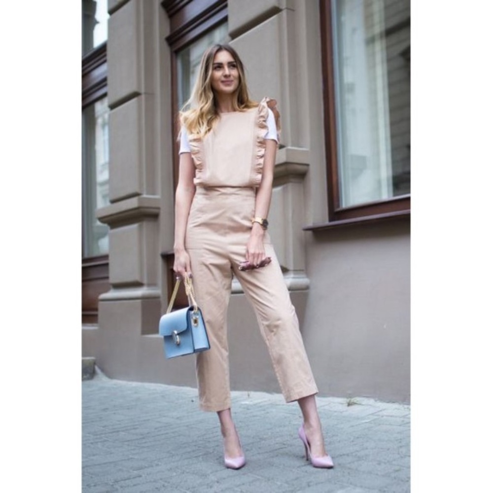 Ganni Phillips ruffle camel Jumpsuit size 34